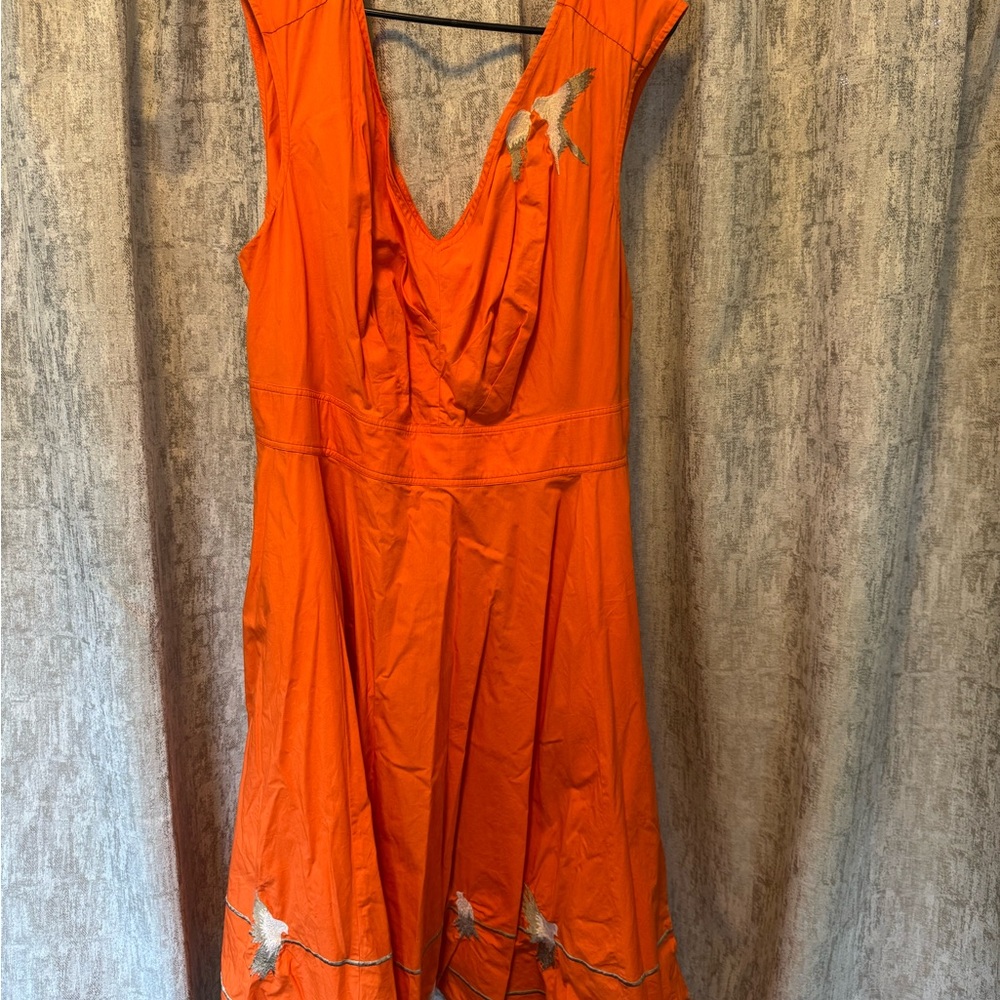 Orange Cap-Sleeve Dress with Bird Embroidery